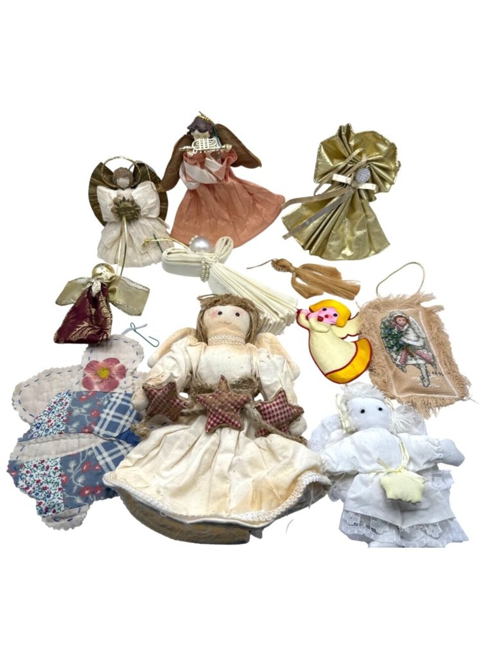 Vintage Rustic Christmas Ornaments & Dolls Handmade Fabric Angel Cottagecore